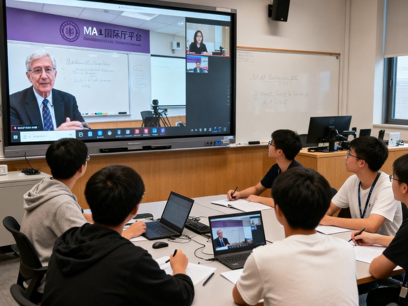 清华大学智慧教室内学生通过PA国际厅平台系统与MIT教授进行跨洋互动课堂，电子白板实时同步